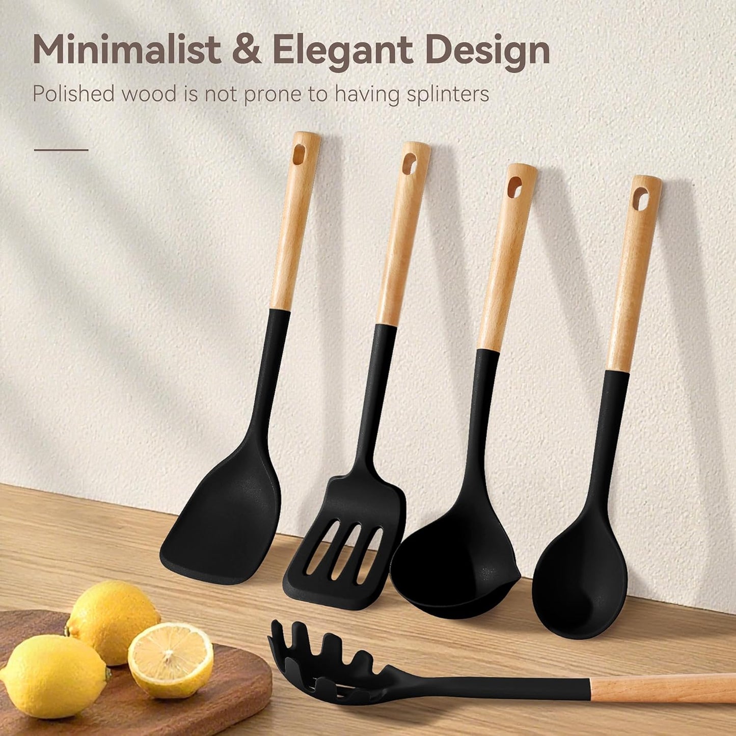 Kitchen Utensils Set, Large Non-stick Silicone Cooking Utensils Set 6 Pcs, Wooden Handle Heat Resistance Silicone Spatula Soup Ladle Pasta Server Kitchen Gadgets Utensils Set BPA Free (Khaki)