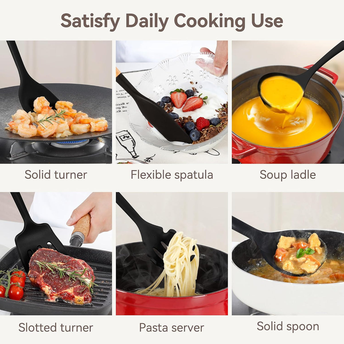 Kitchen Utensils Set, Large Non-stick Silicone Cooking Utensils Set 6 Pcs, Wooden Handle Heat Resistance Silicone Spatula Soup Ladle Pasta Server Kitchen Gadgets Utensils Set BPA Free (Khaki)