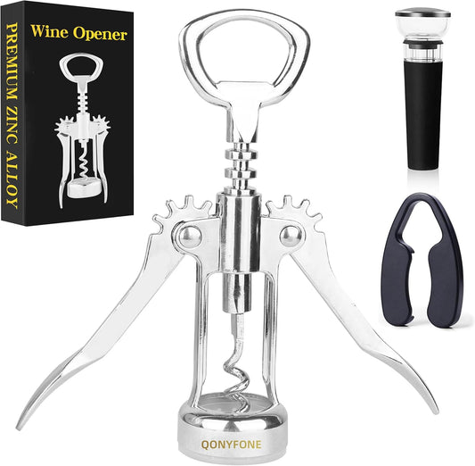 Wing Corkscrew Wine Opener, Premium Zinc Alloy Manual Bottle Opener, Heavy Duty Multifunctional Tool for Kitchen, Bar, Restaurant & Waiters, Gift Set (Silver)