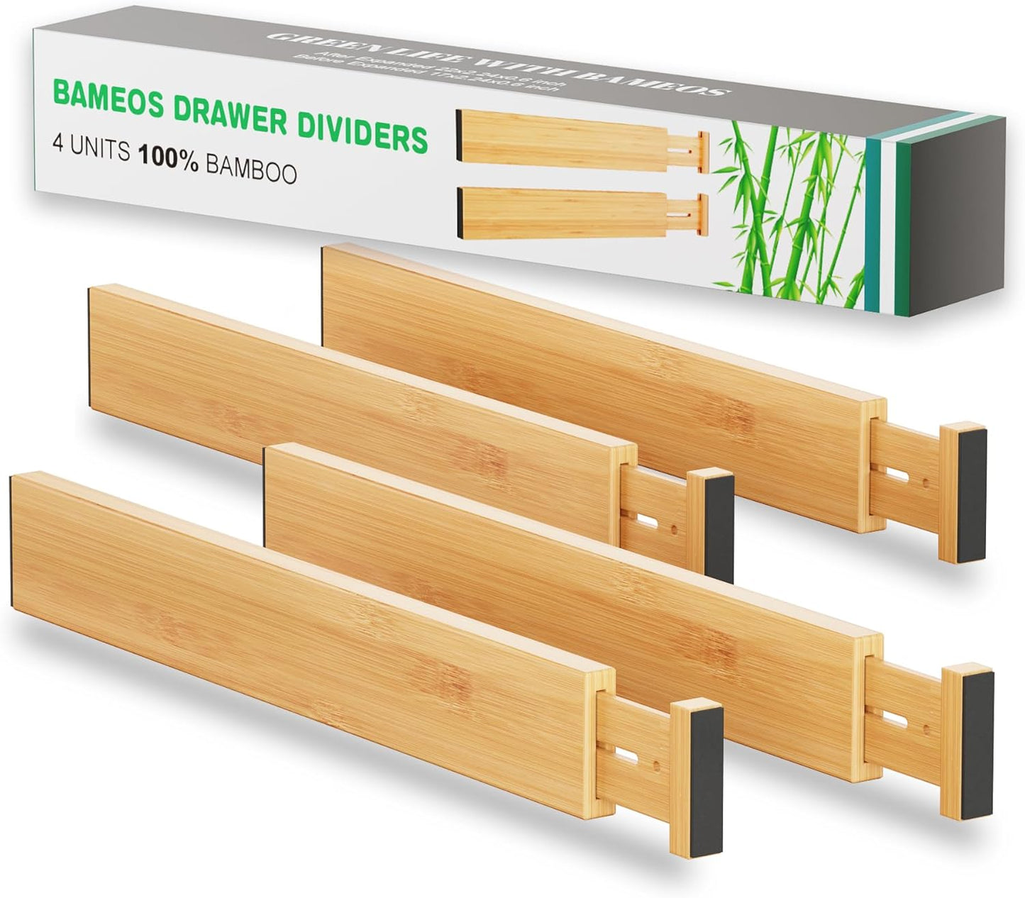 Bamboo Expandable Drawer Dividers – Fits 16.6"–22" Drawers, 2" High, Set of 4 | Spring-Loaded Bamboo Separator for Kitchen Island, Bathroom Vanity & Dresser Drawers