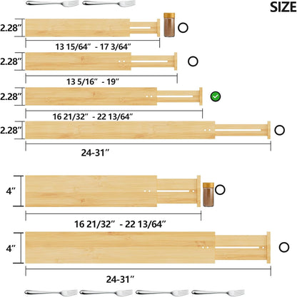 Bamboo Expandable Drawer Dividers – Fits 16.6"–22" Drawers, 2" High, Set of 4 | Spring-Loaded Bamboo Separator for Kitchen Island, Bathroom Vanity & Dresser Drawers