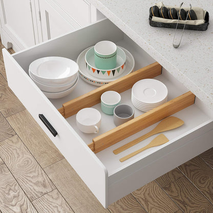 Bamboo Expandable Drawer Dividers – Fits 16.6"–22" Drawers, 2" High, Set of 4 | Spring-Loaded Bamboo Separator for Kitchen Island, Bathroom Vanity & Dresser Drawers