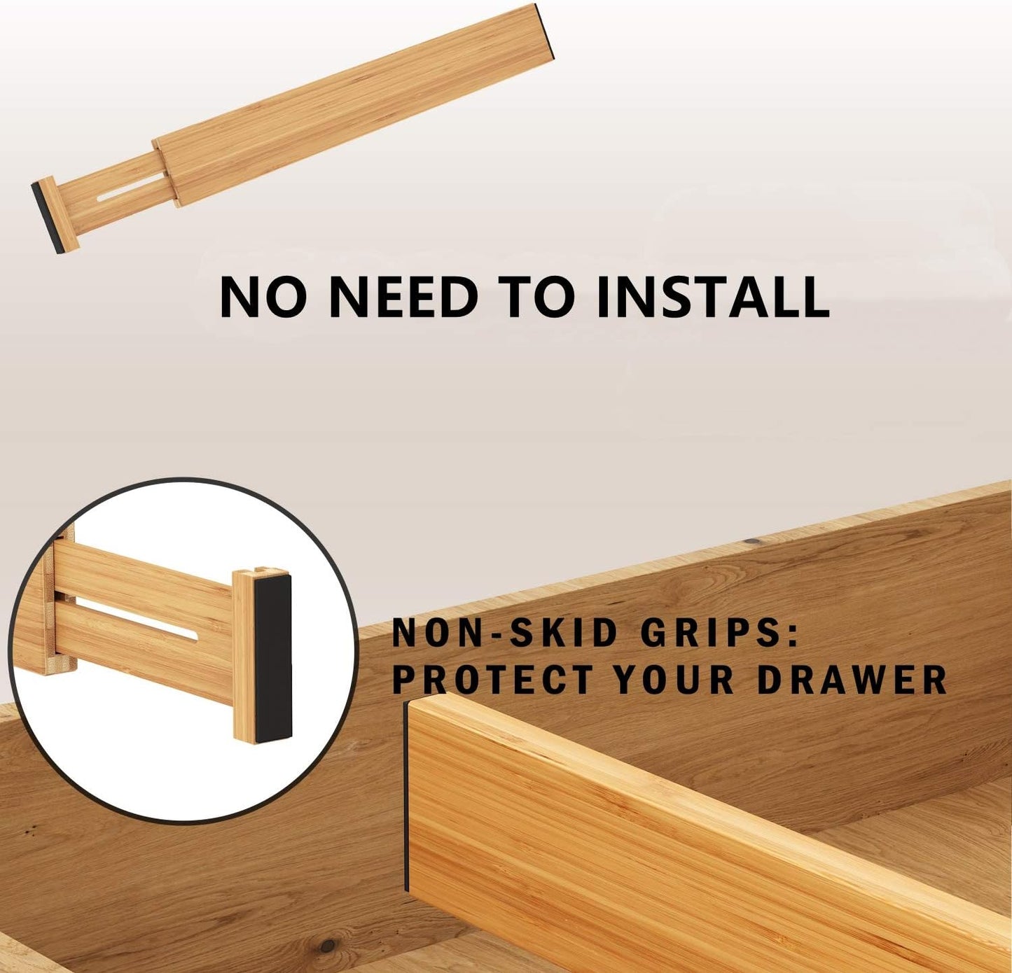 Bamboo Expandable Drawer Dividers – Fits 16.6"–22" Drawers, 2" High, Set of 4 | Spring-Loaded Bamboo Separator for Kitchen Island, Bathroom Vanity & Dresser Drawers