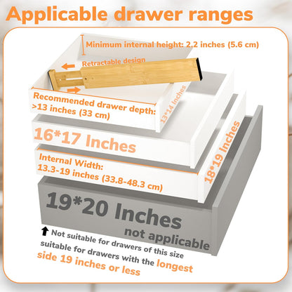 Bamboo Expandable Drawer Dividers – Fits 16.6"–22" Drawers, 2" High, Set of 4 | Spring-Loaded Bamboo Separator for Kitchen Island, Bathroom Vanity & Dresser Drawers