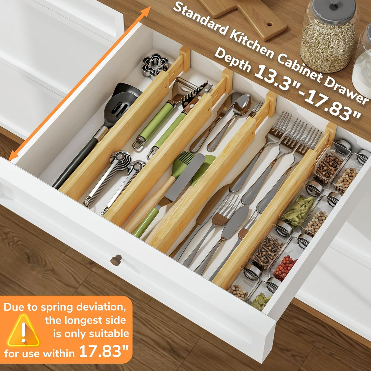 Bamboo Expandable Drawer Dividers – Fits 16.6"–22" Drawers, 2" High, Set of 4 | Spring-Loaded Bamboo Separator for Kitchen Island, Bathroom Vanity & Dresser Drawers