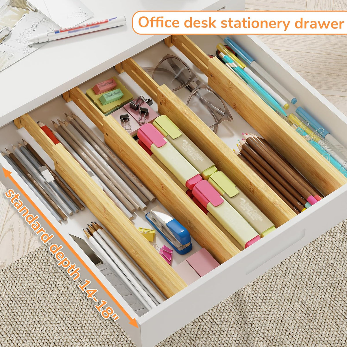 Bamboo Expandable Drawer Dividers – Fits 16.6"–22" Drawers, 2" High, Set of 4 | Spring-Loaded Bamboo Separator for Kitchen Island, Bathroom Vanity & Dresser Drawers