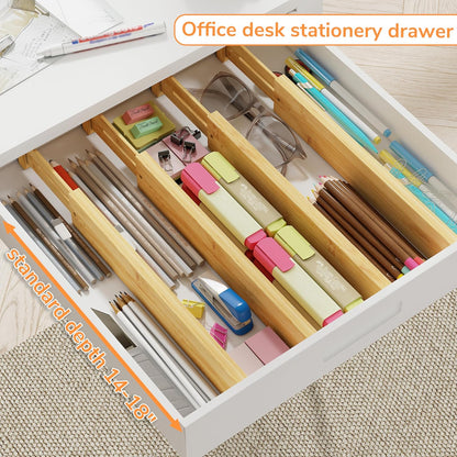 Bamboo Expandable Drawer Dividers – Fits 16.6"–22" Drawers, 2" High, Set of 4 | Spring-Loaded Bamboo Separator for Kitchen Island, Bathroom Vanity & Dresser Drawers