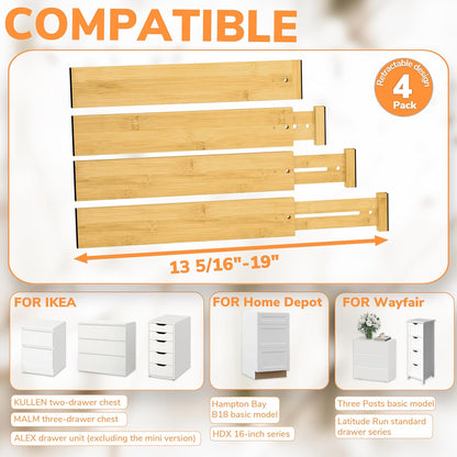 Bamboo Expandable Drawer Dividers – Fits 16.6"–22" Drawers, 2" High, Set of 4 | Spring-Loaded Bamboo Separator for Kitchen Island, Bathroom Vanity & Dresser Drawers