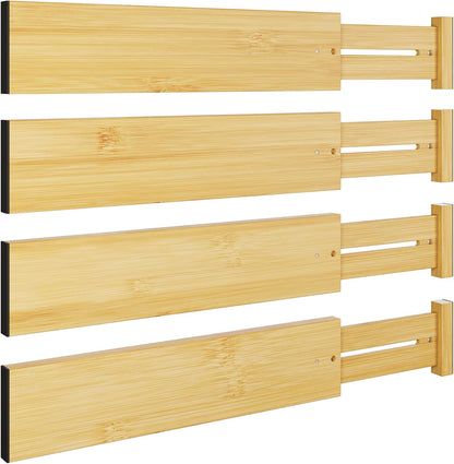 Bamboo Expandable Drawer Dividers – Fits 16.6"–22" Drawers, 2" High, Set of 4 | Spring-Loaded Bamboo Separator for Kitchen Island, Bathroom Vanity & Dresser Drawers