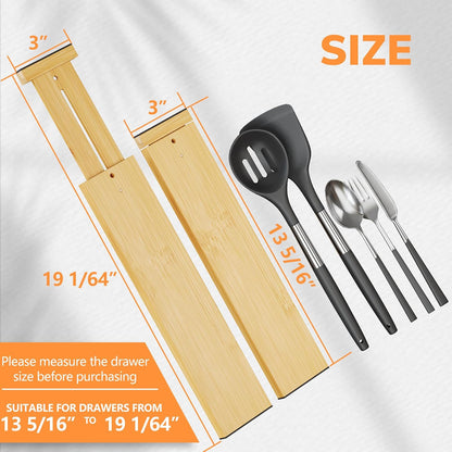 Bamboo Expandable Drawer Dividers – Fits 16.6"–22" Drawers, 2" High, Set of 4 | Spring-Loaded Bamboo Separator for Kitchen Island, Bathroom Vanity & Dresser Drawers