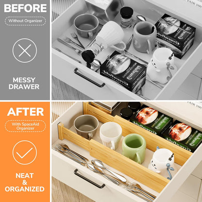 Bamboo Expandable Drawer Dividers – Fits 16.6"–22" Drawers, 2" High, Set of 4 | Spring-Loaded Bamboo Separator for Kitchen Island, Bathroom Vanity & Dresser Drawers