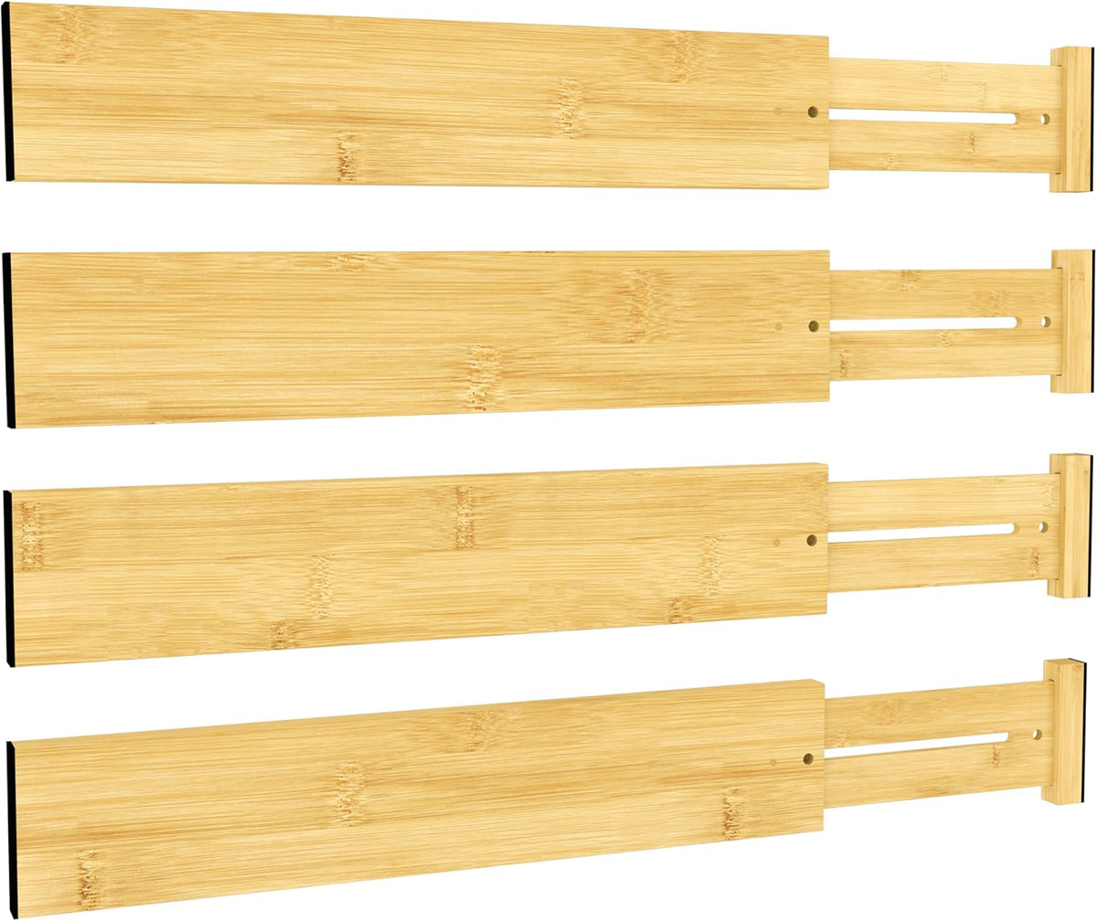 Bamboo Expandable Drawer Dividers – Fits 16.6"–22" Drawers, 2" High, Set of 4 | Spring-Loaded Bamboo Separator for Kitchen Island, Bathroom Vanity & Dresser Drawers