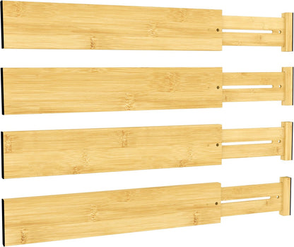 Bamboo Expandable Drawer Dividers – Fits 16.6"–22" Drawers, 2" High, Set of 4 | Spring-Loaded Bamboo Separator for Kitchen Island, Bathroom Vanity & Dresser Drawers