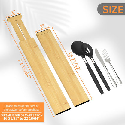 Bamboo Expandable Drawer Dividers – Fits 16.6"–22" Drawers, 2" High, Set of 4 | Spring-Loaded Bamboo Separator for Kitchen Island, Bathroom Vanity & Dresser Drawers