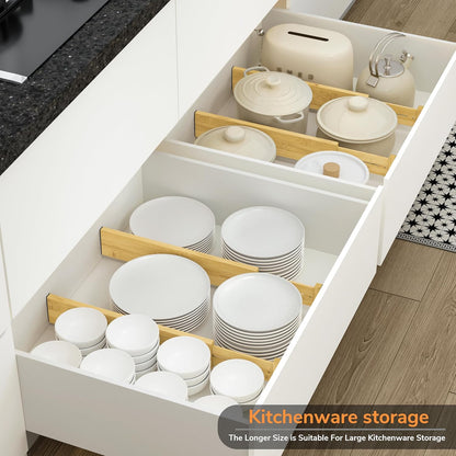 Bamboo Expandable Drawer Dividers – Fits 16.6"–22" Drawers, 2" High, Set of 4 | Spring-Loaded Bamboo Separator for Kitchen Island, Bathroom Vanity & Dresser Drawers