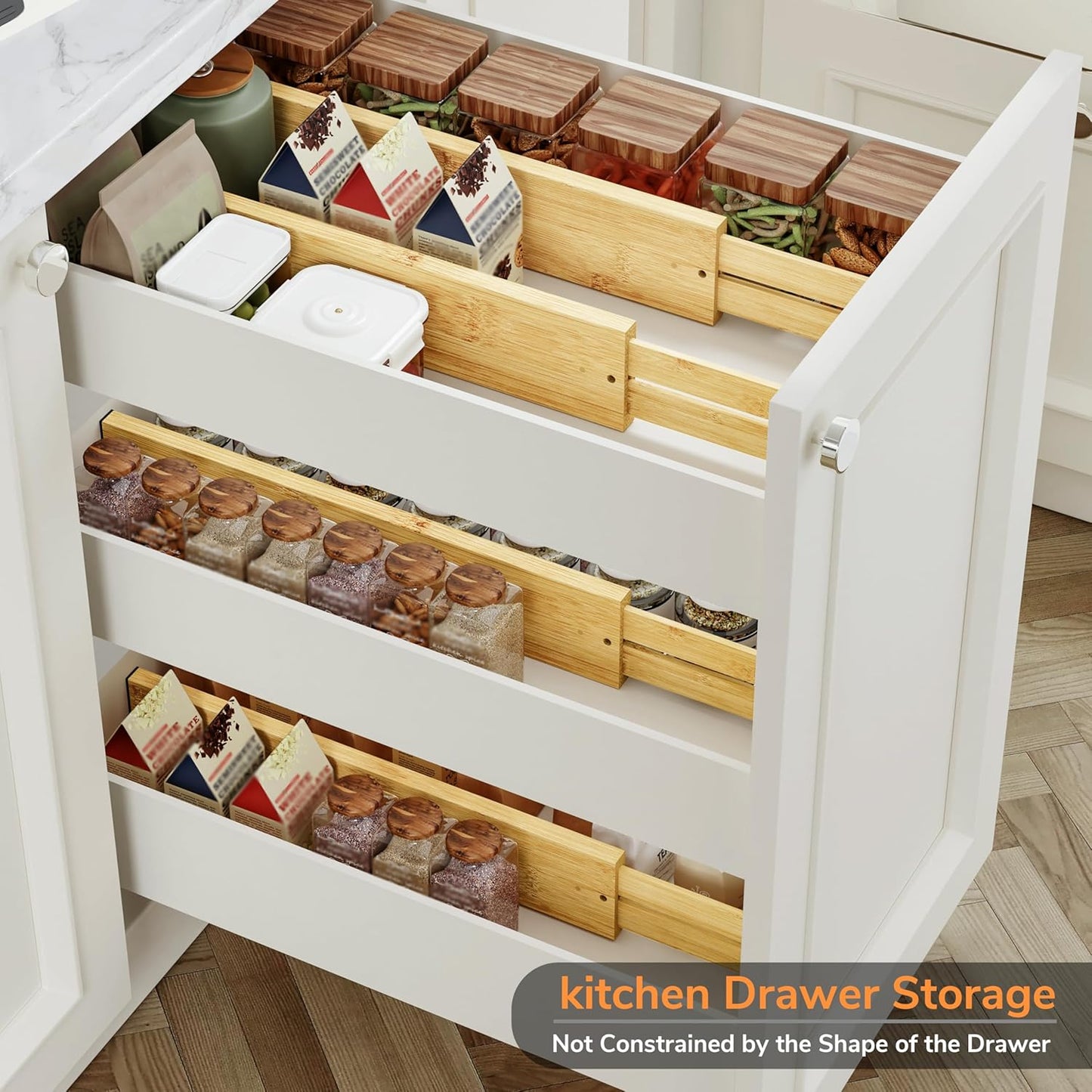 Bamboo Expandable Drawer Dividers – Fits 16.6"–22" Drawers, 2" High, Set of 4 | Spring-Loaded Bamboo Separator for Kitchen Island, Bathroom Vanity & Dresser Drawers