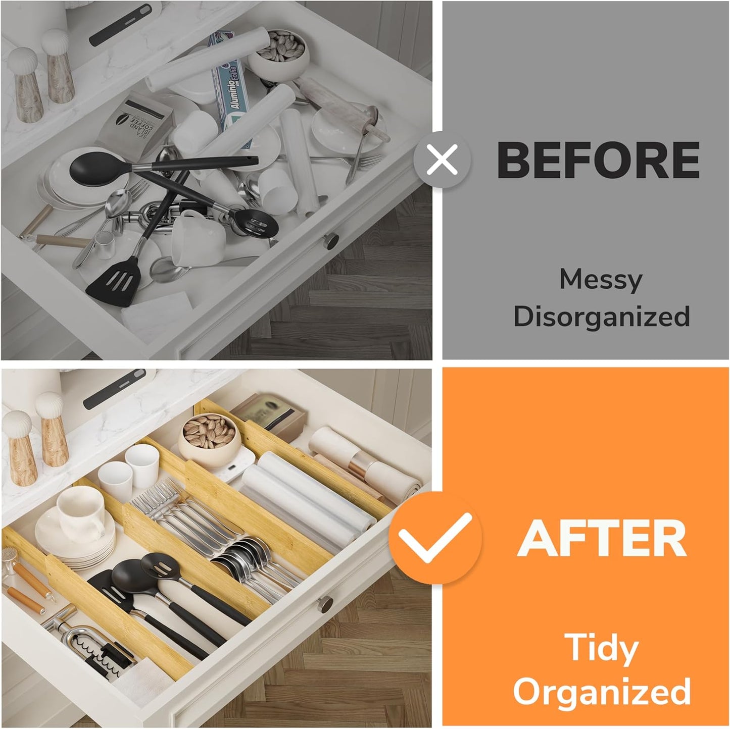 Bamboo Expandable Drawer Dividers – Fits 16.6"–22" Drawers, 2" High, Set of 4 | Spring-Loaded Bamboo Separator for Kitchen Island, Bathroom Vanity & Dresser Drawers