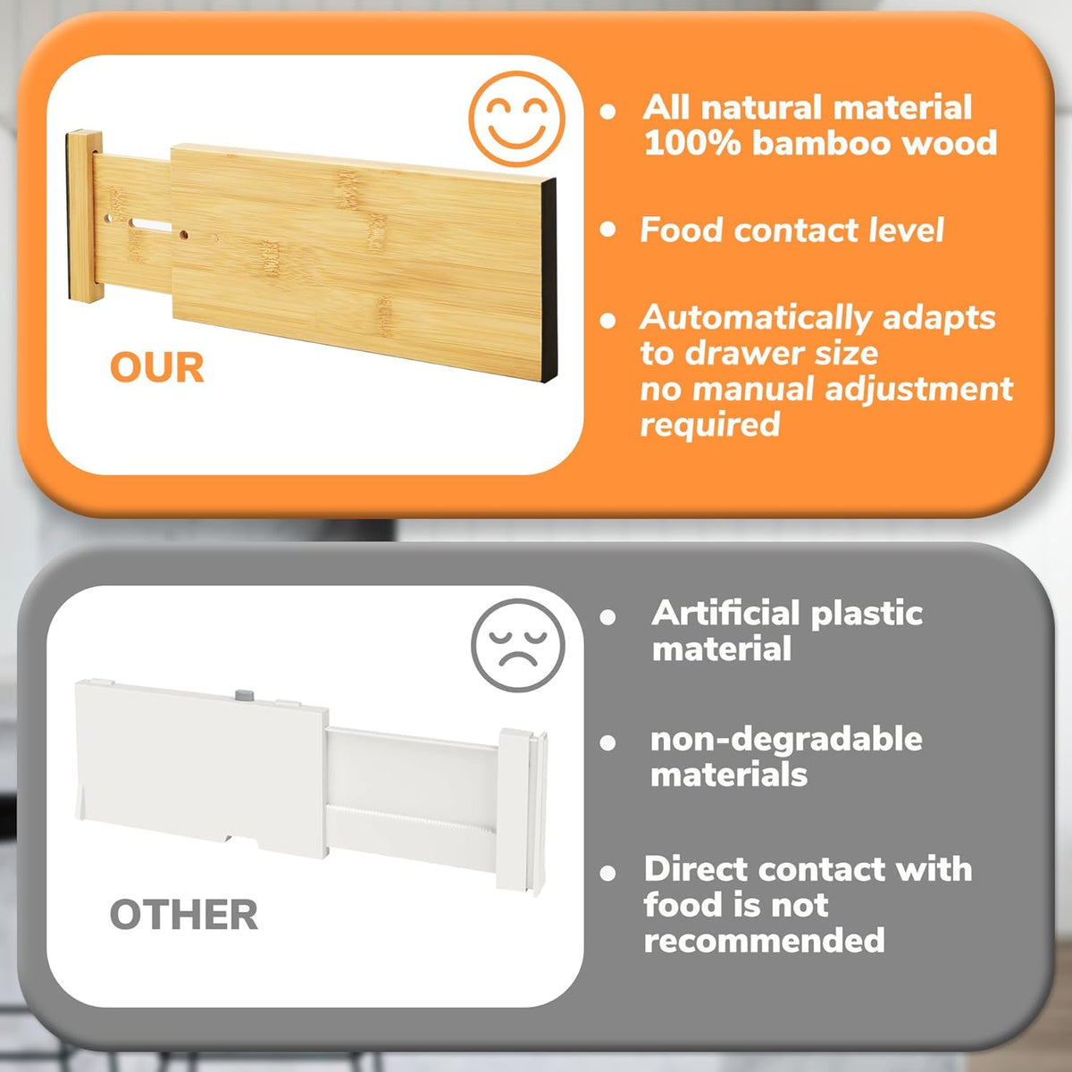 Bamboo Expandable Drawer Dividers – Fits 16.6"–22" Drawers, 2" High, Set of 4 | Spring-Loaded Bamboo Separator for Kitchen Island, Bathroom Vanity & Dresser Drawers