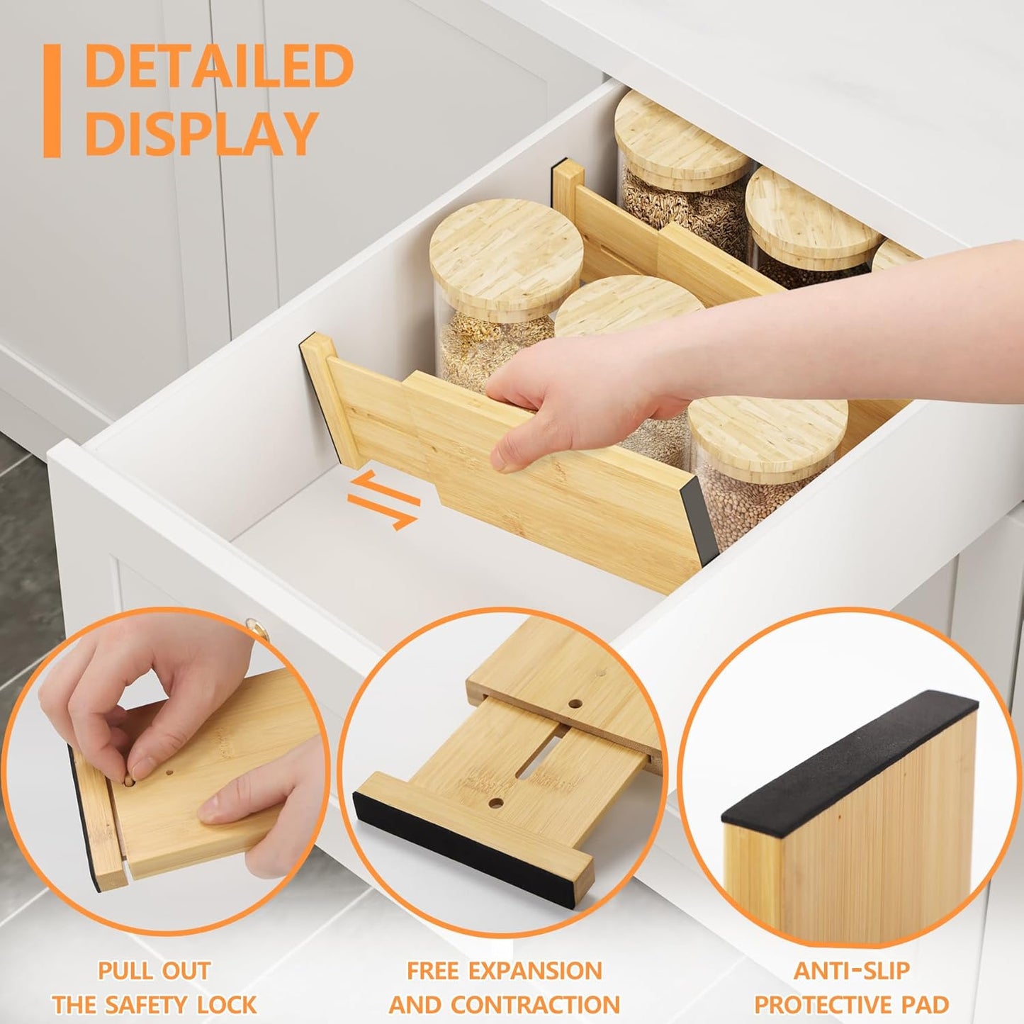 Bamboo Expandable Drawer Dividers – Fits 16.6"–22" Drawers, 2" High, Set of 4 | Spring-Loaded Bamboo Separator for Kitchen Island, Bathroom Vanity & Dresser Drawers