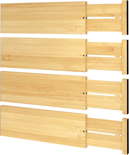 Bamboo Expandable Drawer Dividers – Fits 16.6"–22" Drawers, 2" High, Set of 4 | Spring-Loaded Bamboo Separator for Kitchen Island, Bathroom Vanity & Dresser Drawers