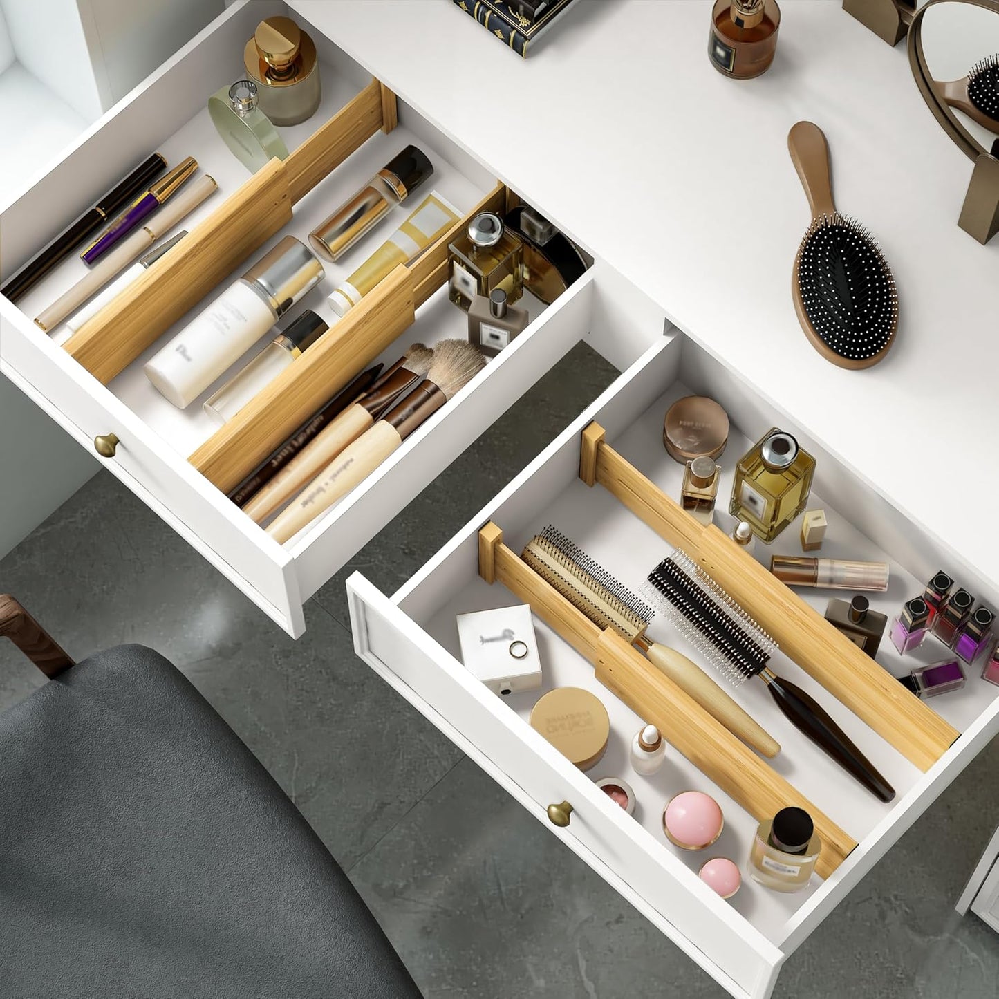 Bamboo Expandable Drawer Dividers – Fits 16.6"–22" Drawers, 2" High, Set of 4 | Spring-Loaded Bamboo Separator for Kitchen Island, Bathroom Vanity & Dresser Drawers
