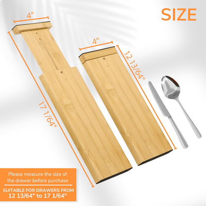 Bamboo Expandable Drawer Dividers – Fits 16.6"–22" Drawers, 2" High, Set of 4 | Spring-Loaded Bamboo Separator for Kitchen Island, Bathroom Vanity & Dresser Drawers