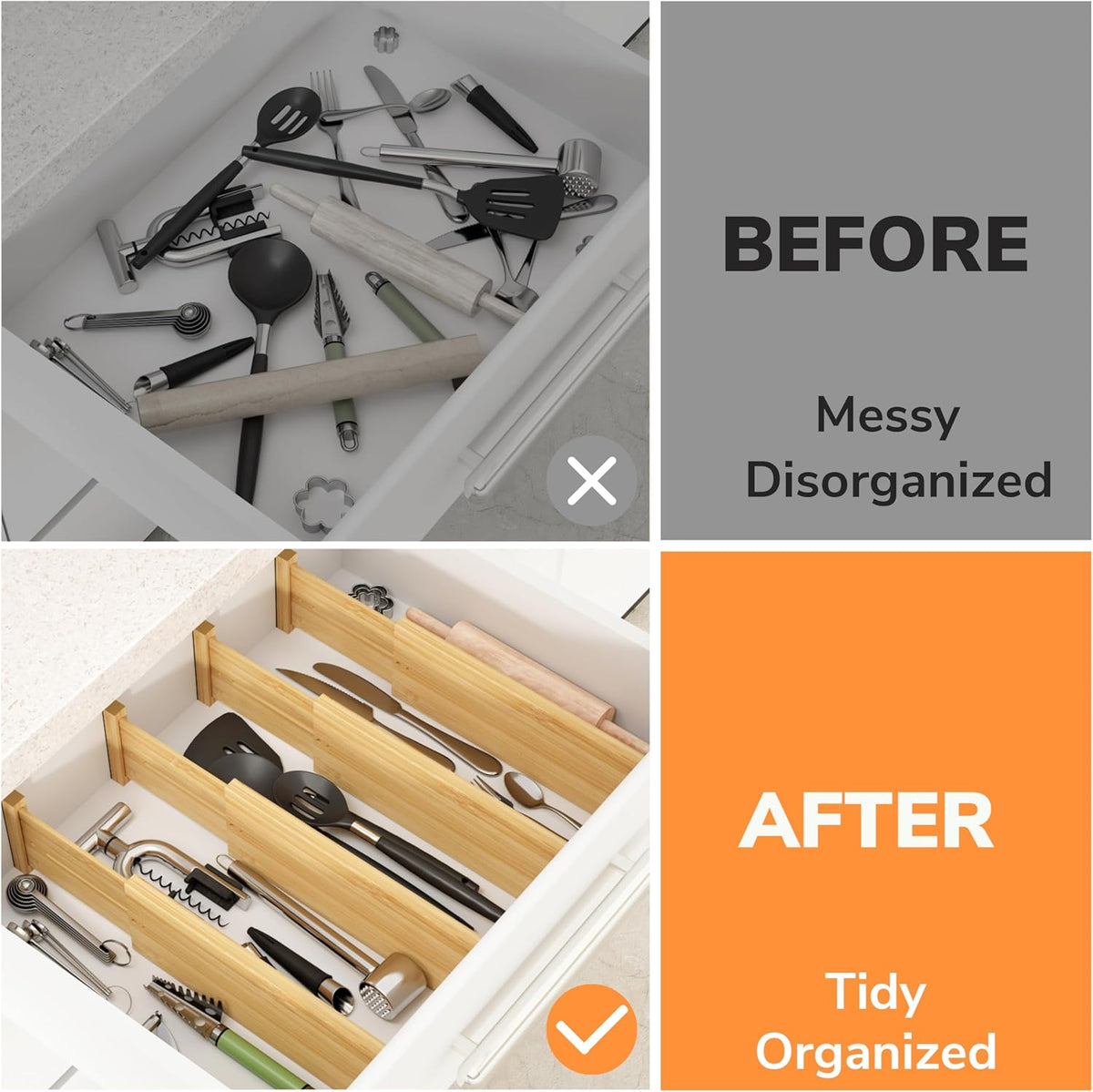 Bamboo Expandable Drawer Dividers – Fits 16.6"–22" Drawers, 2" High, Set of 4 | Spring-Loaded Bamboo Separator for Kitchen Island, Bathroom Vanity & Dresser Drawers