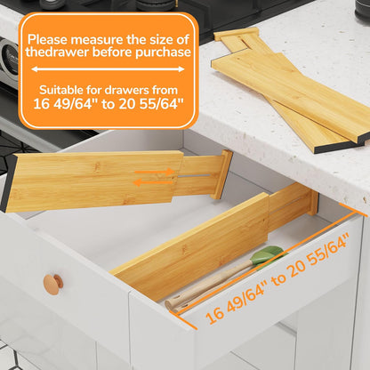 Bamboo Expandable Drawer Dividers – Fits 16.6"–22" Drawers, 2" High, Set of 4 | Spring-Loaded Bamboo Separator for Kitchen Island, Bathroom Vanity & Dresser Drawers