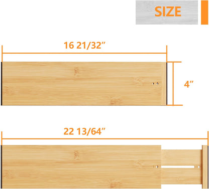 Bamboo Expandable Drawer Dividers – Fits 16.6"–22" Drawers, 2" High, Set of 4 | Spring-Loaded Bamboo Separator for Kitchen Island, Bathroom Vanity & Dresser Drawers