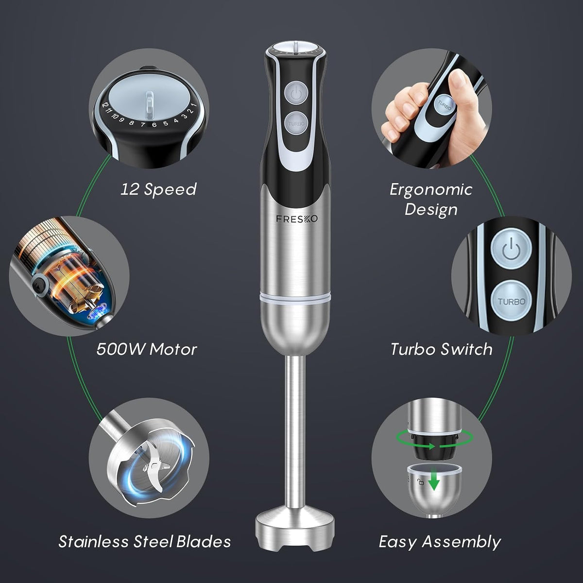 Immersion Blender Handheld, 4-In-1 Hand Blender with 12-Speeds & Turbo Mode