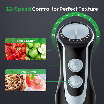 Immersion Blender Handheld, 4-In-1 Hand Blender with 12-Speeds & Turbo Mode