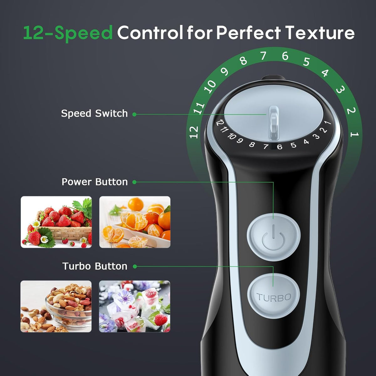 Immersion Blender Handheld, 4-In-1 Hand Blender with 12-Speeds & Turbo Mode