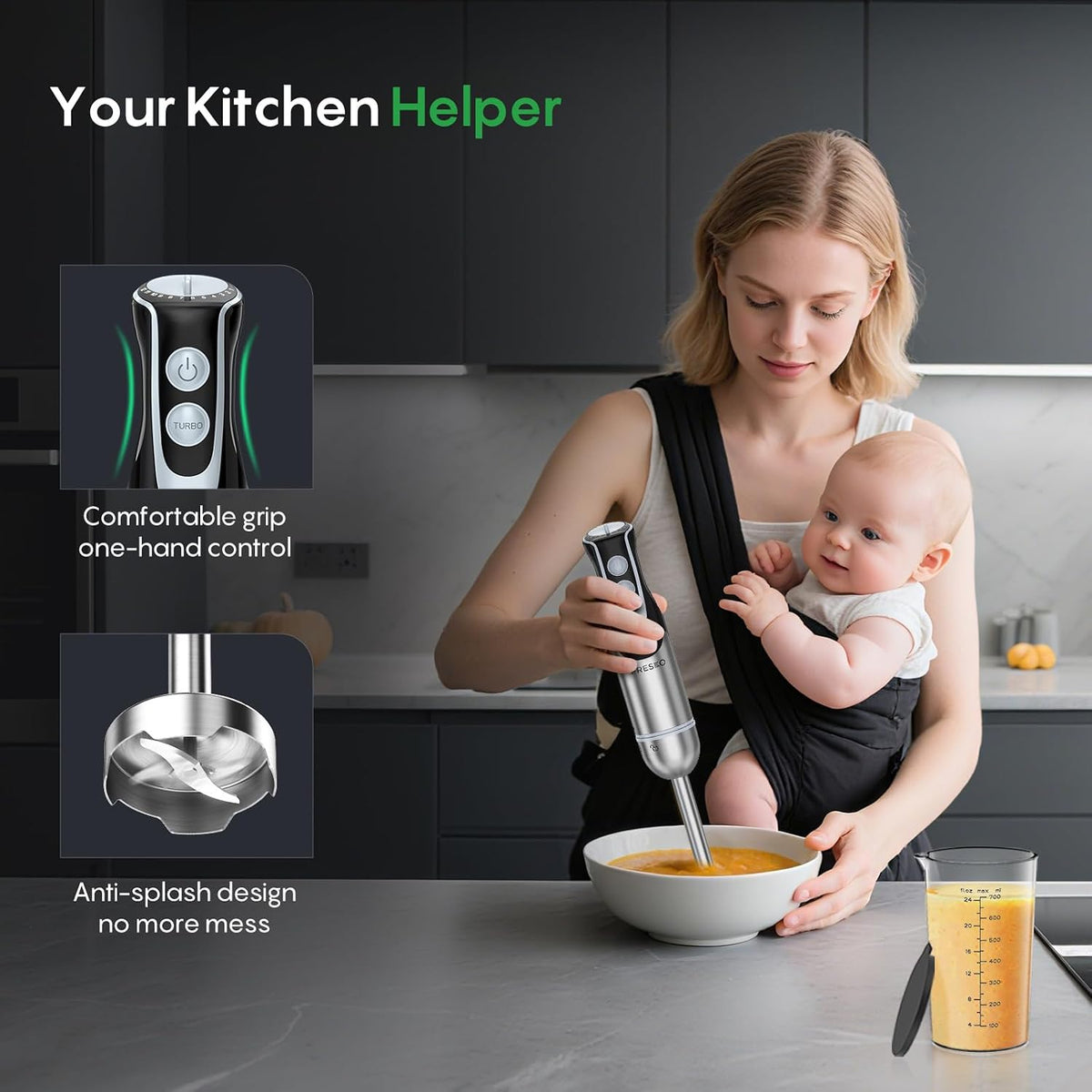 Immersion Blender Handheld, 4-In-1 Hand Blender with 12-Speeds & Turbo Mode