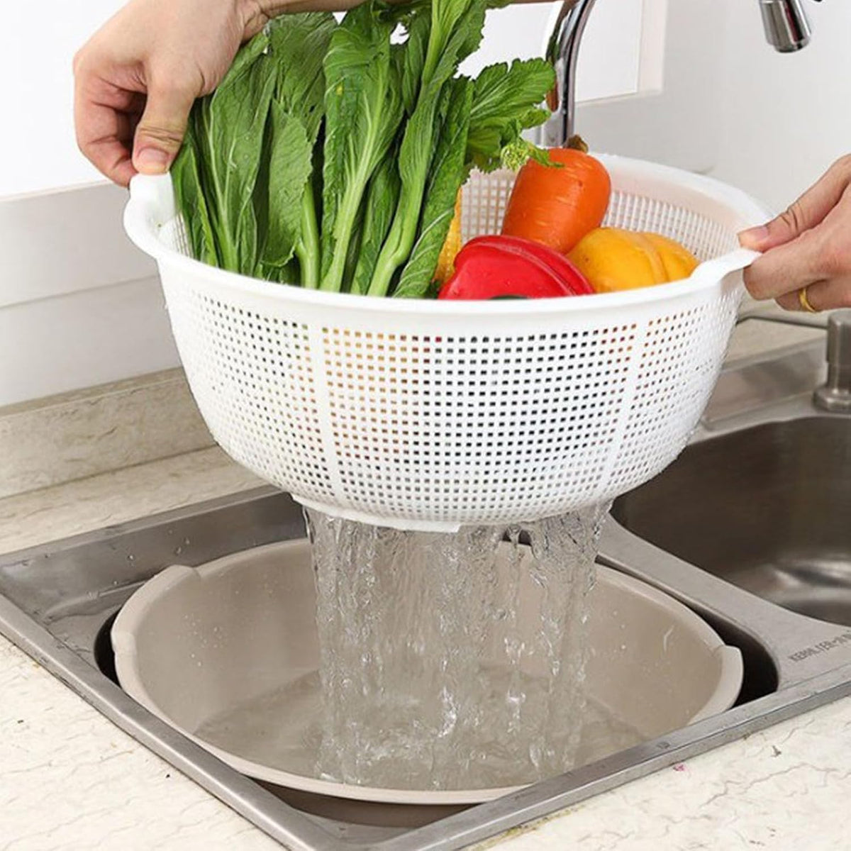 2 in 1 Kitchen Strainer Colander Bowls Set, Thickened Plastic Detachable Double Layer Drainage Basket Fruit Colander Draining Bowl Vegetable Washing Basket for Cleaning Washing(12 x 27cm