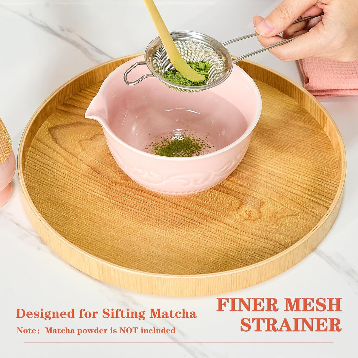 7-Pcs Pink Matcha Whisk Set, Japanese Ceremony Matcha Kit Includes Bowl With Spout, 100% Natural Bamboo Whisk and Holder, Scoop, Scoop Rest, Strainer and Tea Towel - Ideal Gift Christmas, Birthday