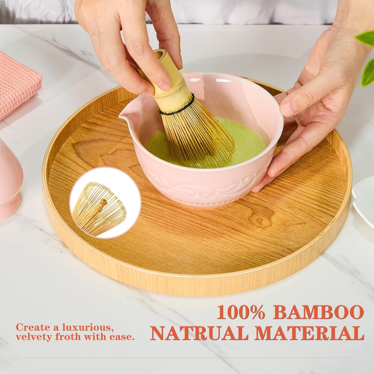7-Pcs Pink Matcha Whisk Set, Japanese Ceremony Matcha Kit Includes Bowl With Spout, 100% Natural Bamboo Whisk and Holder, Scoop, Scoop Rest, Strainer and Tea Towel - Ideal Gift Christmas, Birthday