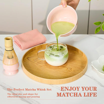 7-Pcs Pink Matcha Whisk Set, Japanese Ceremony Matcha Kit Includes Bowl With Spout, 100% Natural Bamboo Whisk and Holder, Scoop, Scoop Rest, Strainer and Tea Towel - Ideal Gift Christmas, Birthday