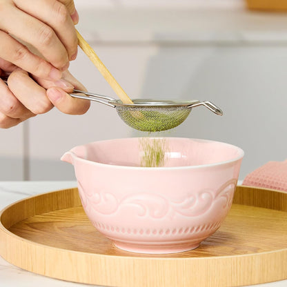 7-Pcs Pink Matcha Whisk Set, Japanese Ceremony Matcha Kit Includes Bowl With Spout, 100% Natural Bamboo Whisk and Holder, Scoop, Scoop Rest, Strainer and Tea Towel - Ideal Gift Christmas, Birthday