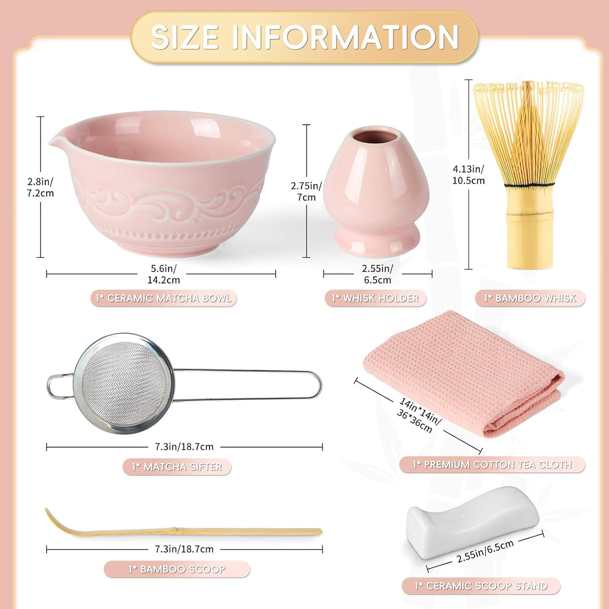 7-Pcs Pink Matcha Whisk Set, Japanese Ceremony Matcha Kit Includes Bowl With Spout, 100% Natural Bamboo Whisk and Holder, Scoop, Scoop Rest, Strainer and Tea Towel - Ideal Gift Christmas, Birthday