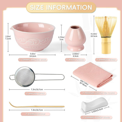7-Pcs Pink Matcha Whisk Set, Japanese Ceremony Matcha Kit Includes Bowl With Spout, 100% Natural Bamboo Whisk and Holder, Scoop, Scoop Rest, Strainer and Tea Towel - Ideal Gift Christmas, Birthday