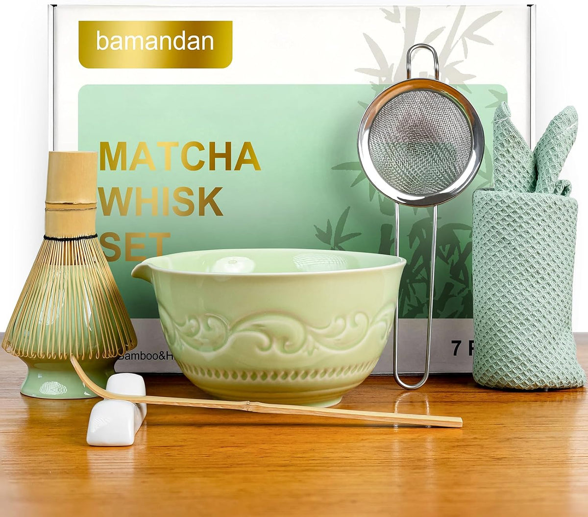 7-Pcs Pink Matcha Whisk Set, Japanese Ceremony Matcha Kit Includes Bowl With Spout, 100% Natural Bamboo Whisk and Holder, Scoop, Scoop Rest, Strainer and Tea Towel - Ideal Gift Christmas, Birthday