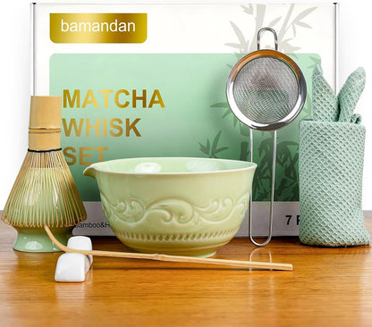 7-Pcs Pink Matcha Whisk Set, Japanese Ceremony Matcha Kit Includes Bowl With Spout, 100% Natural Bamboo Whisk and Holder, Scoop, Scoop Rest, Strainer and Tea Towel - Ideal Gift Christmas, Birthday