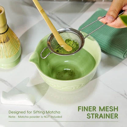 7-Pcs Pink Matcha Whisk Set, Japanese Ceremony Matcha Kit Includes Bowl With Spout, 100% Natural Bamboo Whisk and Holder, Scoop, Scoop Rest, Strainer and Tea Towel - Ideal Gift Christmas, Birthday