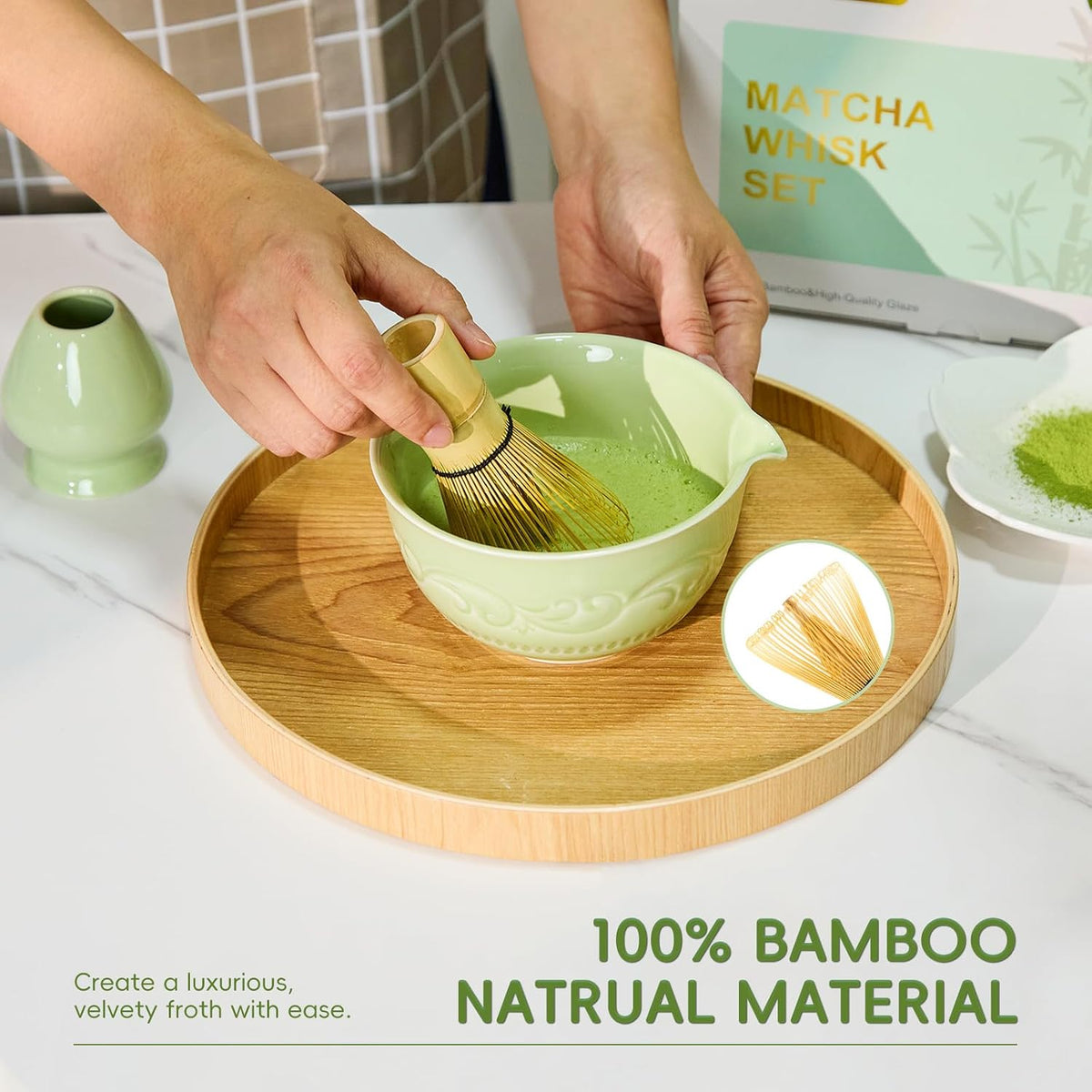 7-Pcs Pink Matcha Whisk Set, Japanese Ceremony Matcha Kit Includes Bowl With Spout, 100% Natural Bamboo Whisk and Holder, Scoop, Scoop Rest, Strainer and Tea Towel - Ideal Gift Christmas, Birthday