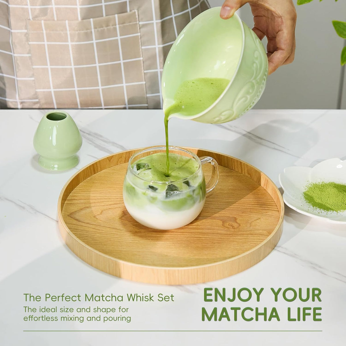 7-Pcs Pink Matcha Whisk Set, Japanese Ceremony Matcha Kit Includes Bowl With Spout, 100% Natural Bamboo Whisk and Holder, Scoop, Scoop Rest, Strainer and Tea Towel - Ideal Gift Christmas, Birthday