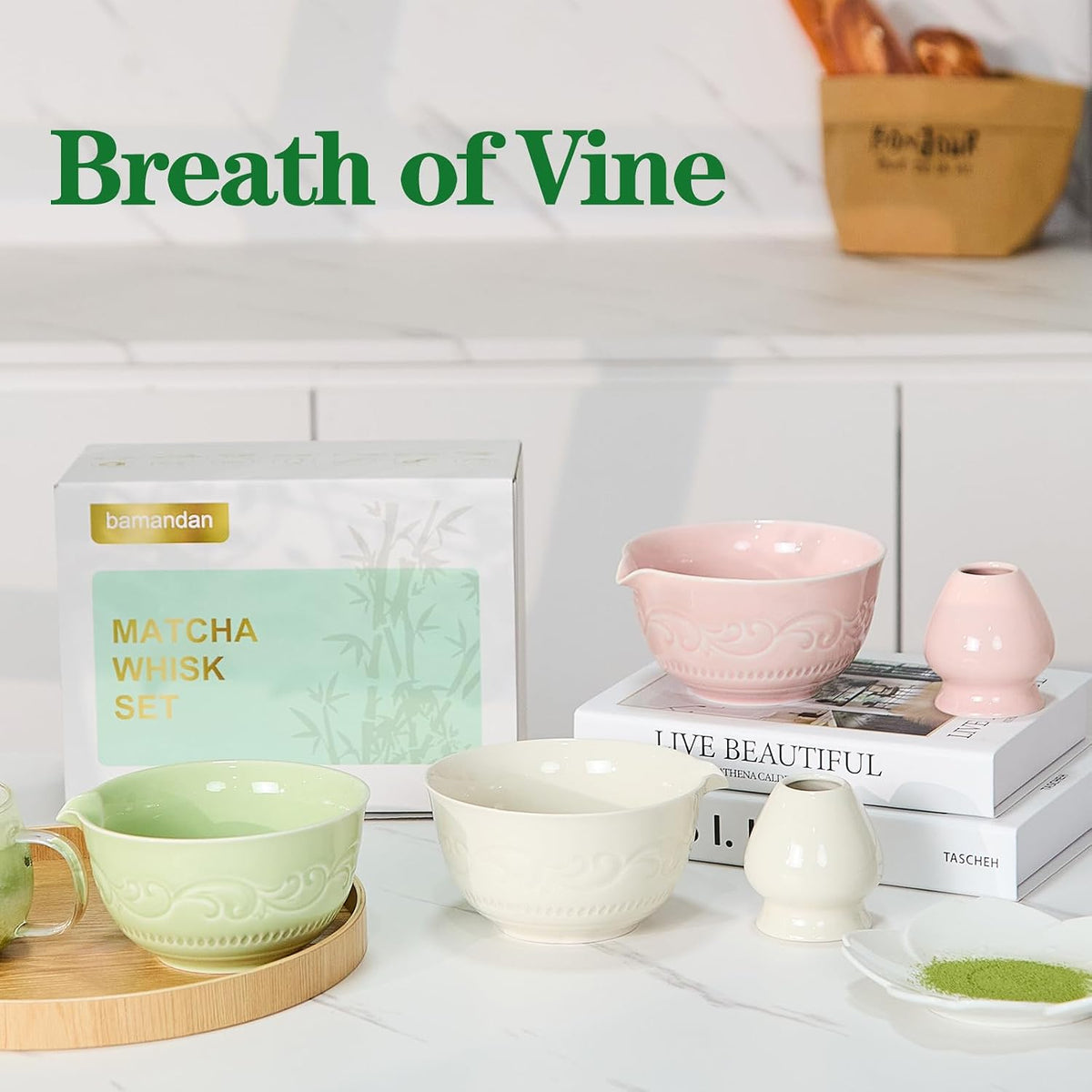 7-Pcs Pink Matcha Whisk Set, Japanese Ceremony Matcha Kit Includes Bowl With Spout, 100% Natural Bamboo Whisk and Holder, Scoop, Scoop Rest, Strainer and Tea Towel - Ideal Gift Christmas, Birthday