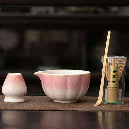 7-Pcs Pink Matcha Whisk Set, Japanese Ceremony Matcha Kit Includes Bowl With Spout, 100% Natural Bamboo Whisk and Holder, Scoop, Scoop Rest, Strainer and Tea Towel - Ideal Gift Christmas, Birthday
