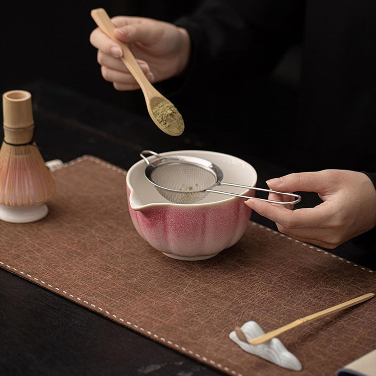 7-Pcs Pink Matcha Whisk Set, Japanese Ceremony Matcha Kit Includes Bowl With Spout, 100% Natural Bamboo Whisk and Holder, Scoop, Scoop Rest, Strainer and Tea Towel - Ideal Gift Christmas, Birthday
