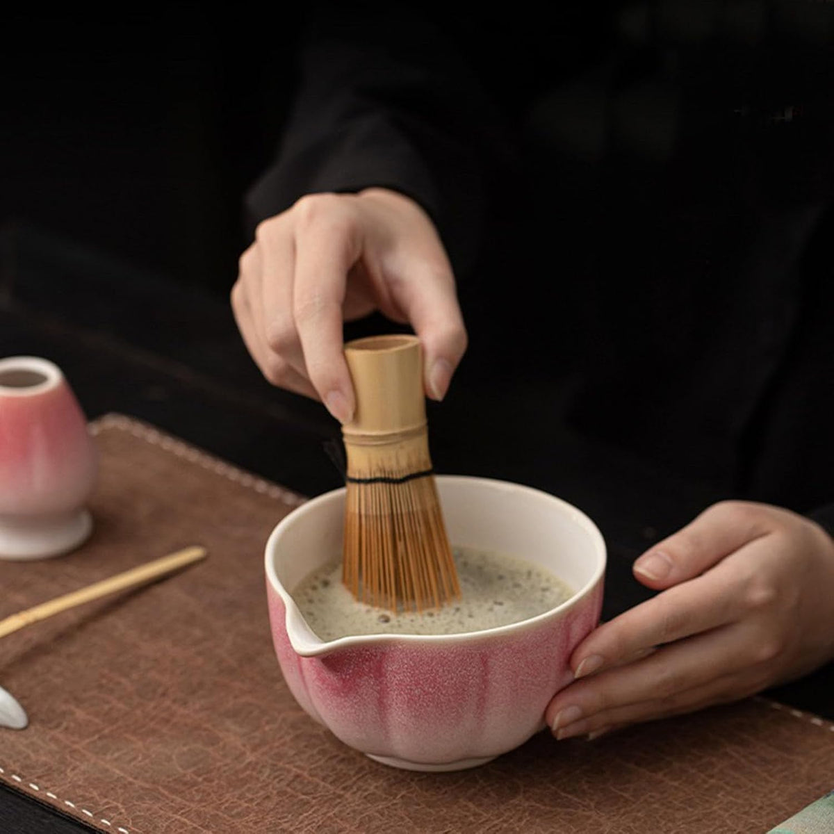 7-Pcs Pink Matcha Whisk Set, Japanese Ceremony Matcha Kit Includes Bowl With Spout, 100% Natural Bamboo Whisk and Holder, Scoop, Scoop Rest, Strainer and Tea Towel - Ideal Gift Christmas, Birthday