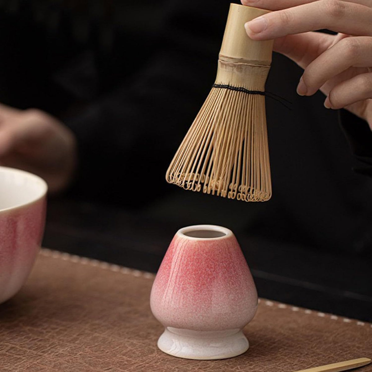 7-Pcs Pink Matcha Whisk Set, Japanese Ceremony Matcha Kit Includes Bowl With Spout, 100% Natural Bamboo Whisk and Holder, Scoop, Scoop Rest, Strainer and Tea Towel - Ideal Gift Christmas, Birthday